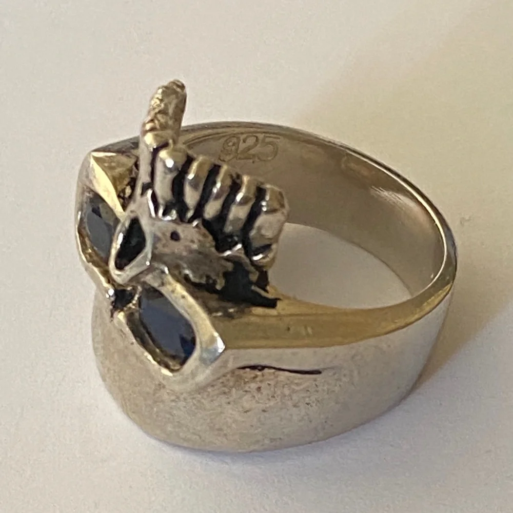925 sterling silver skull biker ring blue cz stones eyes